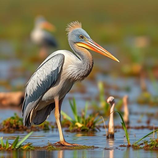 A colorful shoebill stork standing in a marshland in Uganda