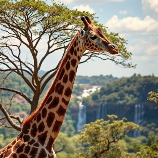 A giraffe standing tall against the backdrop of an acacia tree in Murchison Falls National Park.