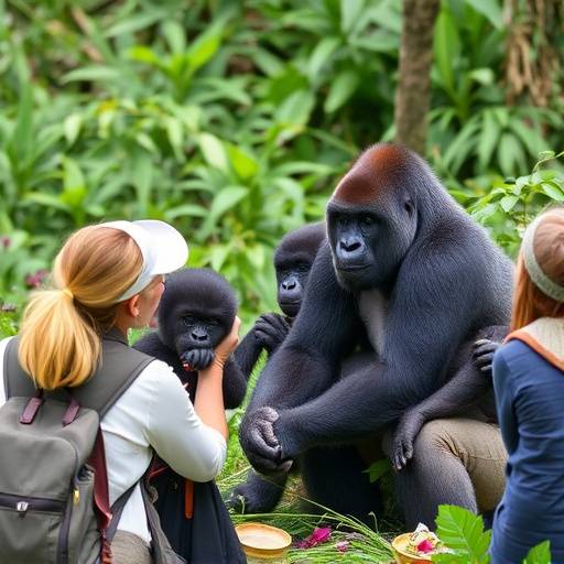 A group of tourists observing a family of gorillas in the Bwindi Impenetrable Forest