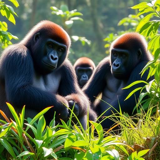 A group of tourists on a gorilla trekking adventure in Bwindi Impenetrable Forest, Uganda, with a guide.