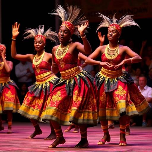 A group of Ugandan dancers performing a traditional dance with colorful costumes