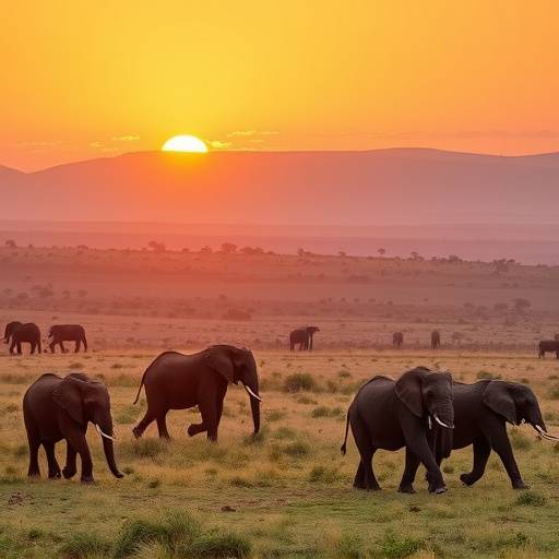 A panoramic view of elephants grazing in Queen Elizabeth National Park against a sunset backdrop