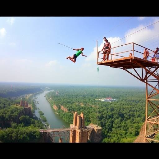 A person bungee jumping from a high platform over the Nile River with lush greenery in the background