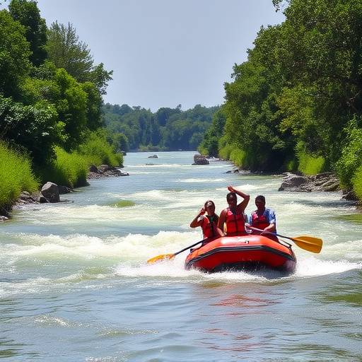 A person white-water rafting on the Nile River with lush green banks in the background