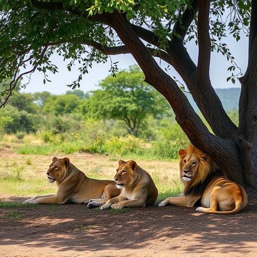 A pride of lions resting in the shade of a tree in Queen Elizabeth National Park.