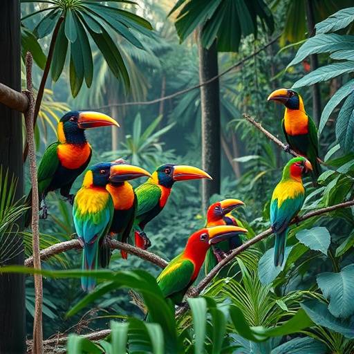 A variety of colorful birds perched on branches in a lush Ugandan forest.