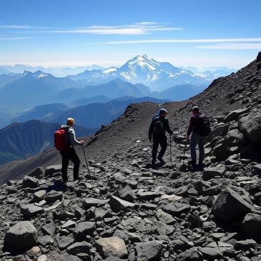 Hikers ascending a rocky path on Mount Rwenzori with snow-capped peaks in the distance