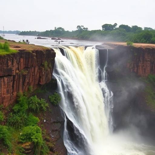 Murchison Falls cascading down a rocky cliff