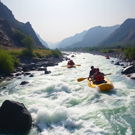 Panoramic view of the Nile River with white water rafters navigating the rapids